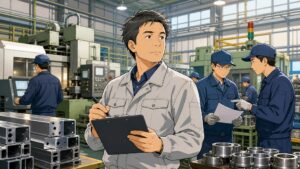 金属加工会社の工場で、40代男性の生産管理・人員管理責任者がクリップボードを手に、建築部材や自動車部品の製造ラインを見守っている。人手不足と繁忙期の忙しさの中でも、職場から必要とされる実感を支えに働く転職前のワンシーン。
