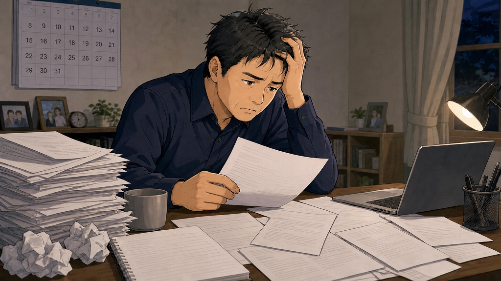 夜の自宅で、40代男性が100社以上の応募書類と不採用通知に囲まれ、転職活動の厳しさに疲れ果ててうつむいている。面接に進めず、年齢の壁や生活への不安、焦りを抱えながら仕事探しを続ける場面。