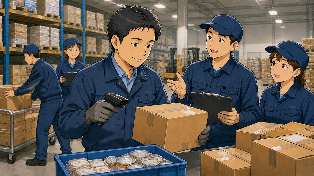食品メーカーの物流センターで、未経験入社した40代男性が商品管理とピッキング作業に戸惑いながらも、温かい同僚に教わっている。倉庫内の棚や段ボール、食品在庫に囲まれ、新しい職場で不安を抱えつつ少しずつ仕事を覚えていく転職後の場面。