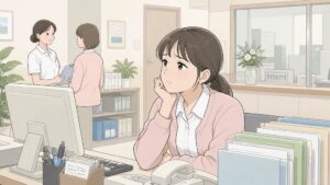 医療事務として働く40代手前の女性が、病院受付のデスクで物思いに沈む様子。書類やパソコンに囲まれた職場で「自分にできるのはこの仕事だけ」と感じ、転職経験のない不安と将来への迷いを抱えている転職体験談のイラスト。