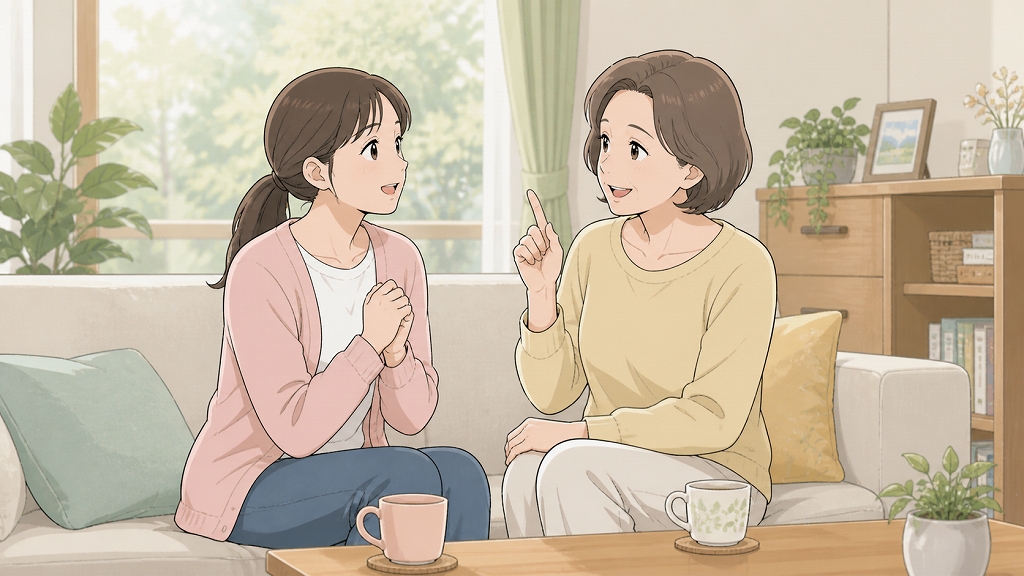 デザイナーへの夢を諦めきれない女性が、就活生のころから相談に乗ってくれていた叔母に思いを打ち明ける場面。明るいリビングで叔母の励ましを受け、未経験からWebデザイン職への転職に挑戦する勇気を得ているイラスト。