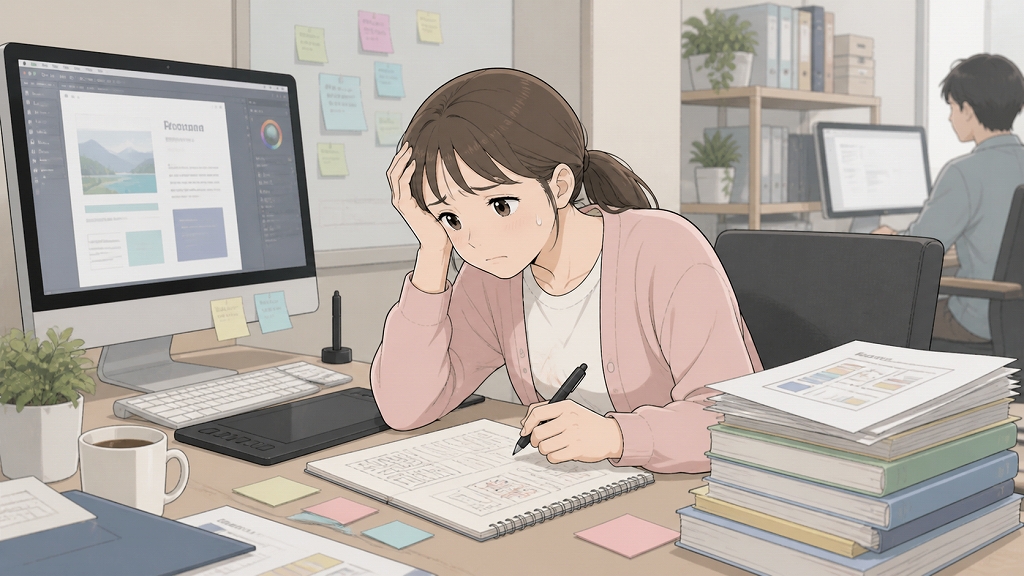 未経験からWebデザイナーへ転職した女性が、新しい職場のデスクで慣れないデザイン業務に苦戦している場面。大きなモニターや資料、スケッチに囲まれ、初めての作業に時間がかかり、覚えの悪さに落ち込む40代転職者の不安と疲労感を描いたイラスト。