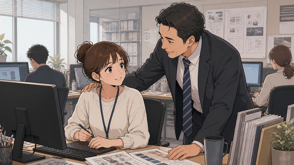 ITメーカーのオフィスで、Webデザイナーの女性がデザイン作業をしているところへ、部署の部長が優しく声をかけて応援している場面。机上にはペンタブレットやカラーチップ、制作資料が並び、女性は励ましを受けて前向きな表情を見せている。デザインの仕事をもっと頑張ってほしいと背中を押された、転職体験談における成長のきっかけを描いている。