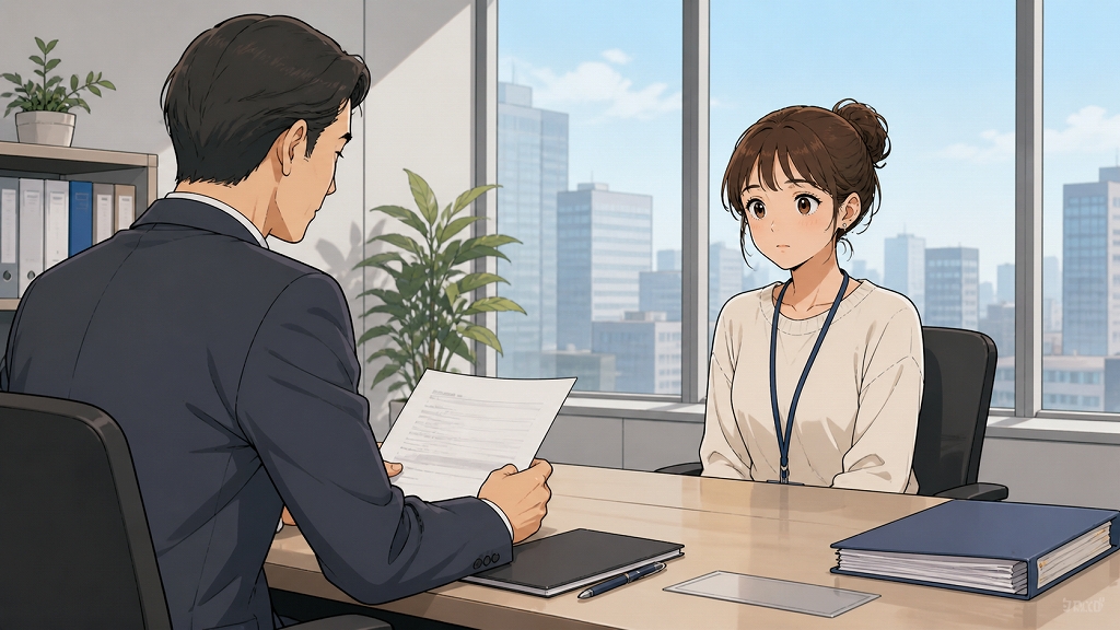 ITメーカーの会議室で、Webデザイナーの女性が人事担当者から部署統合によるリストラを告げられている場面。大きな窓の外にオフィス街が見え、机上には書類とファイルが置かれている。女性は強いショックよりも静かな諦めと寂しさをにじませ、転職を決意する前の心境を表している。