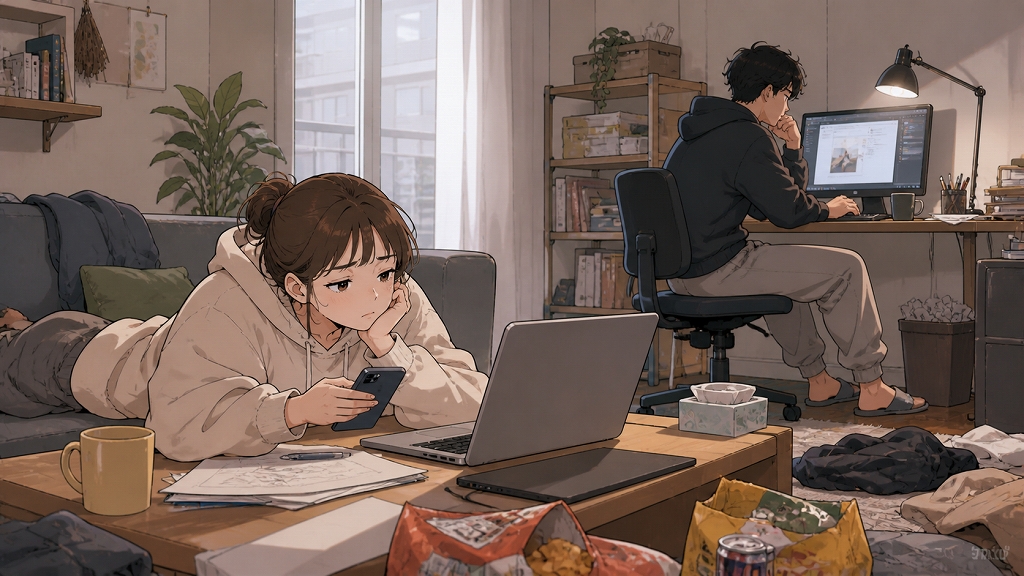 自宅でフリーランスのデザイン作業をする夫婦が、納期前まで生活リズムを崩して過ごしている場面。散らかったリビング兼仕事部屋で、女性はソファに寝転びスマートフォンを見つめ、夫は奥のデスクでパソコン作業をしている。自由な在宅ワークの一方で、だらだらした毎日と空虚さが漂う転職活動前の生活を表している。