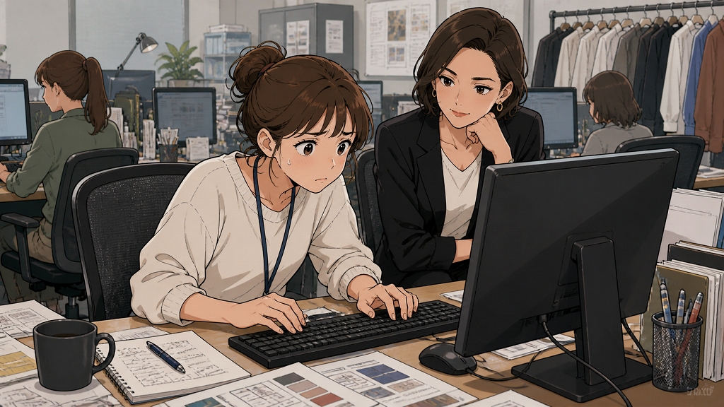 アパレルECサイト公開直前のオフィスで、Webデザイナーの女性が不具合修復のため必死にパソコン作業をしている場面。隣にはキャリアウーマン風の上司が椅子を寄せて座り、アドバイスはせず静かに画面を見つめている。女性の緊張した表情と汗が、入社初日から急ぎのECサイト更新対応に追われるプレッシャーを表している。