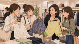 アパレルECサイト運営会社の同僚たちが、仕事帰りに自社で扱う服を見ながらショッピングを楽しんでいる場面。明るい店内で、Webデザイナーの女性や上司、同世代の社員たちが洋服を手に取りながら笑顔で会話している。忙しい職場の中にも仲間とのつながりやファッションへの楽しさがあり、転職後のアパレル業界で充実していた日々を表している。