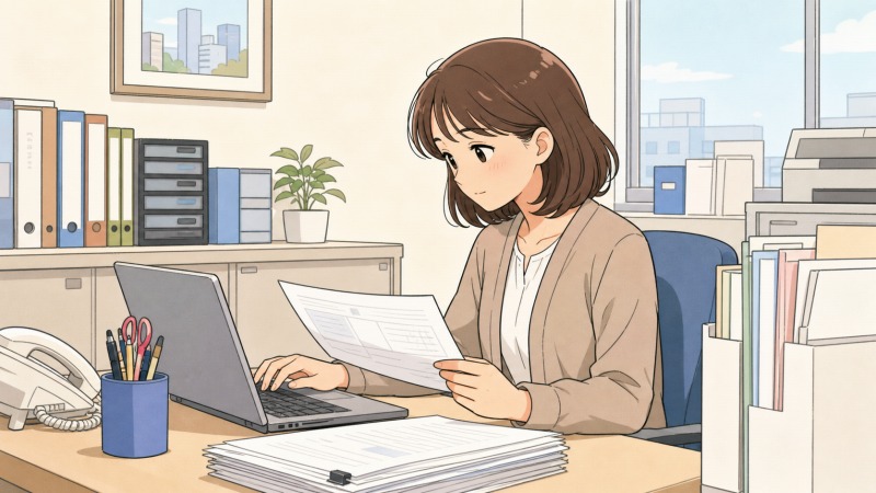 不動産会社の小さなオフィスで、30代後半の女性が事務職として書類確認とパソコン入力に取り組む様子。電話やファイル、書類の山に囲まれ、転職前のやりがいを探す日々と働き方への迷いが伝わるアニメ調イラスト。