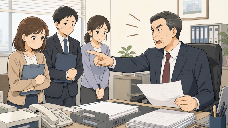 不動産会社のオフィスで、ワンマン経営の社長が社員に相談なく方針を押し通し、30代後半の女性事務職を含む社員たちが不安そうに立ち尽くす場面。転職前の職場環境への不満や、仕事へのやりがいを失っていく心情が伝わるアニメ調イラスト。