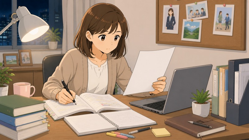 夜の自宅デスクで、30代後半の女性が資格の勉強をしながら転職活動の応募書類を確認している場面。参考書やノート、ノートパソコンに囲まれ、未経験から新しい仕事を目指す真剣さと不安が伝わるアニメ調イラスト。