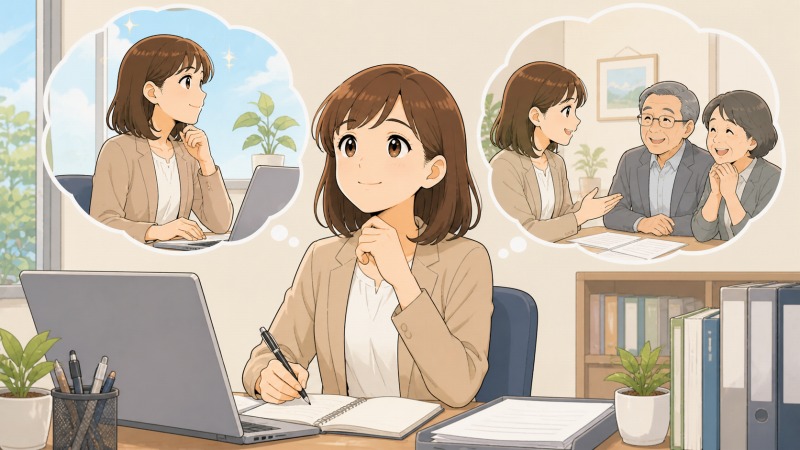 行政書士事務所の明るいデスクで、30代後半の女性が自分の理想の働き方と顧客の理想を叶える未来を思い描いている場面。お客様に寄り添いながら課題解決を支える仕事へのやりがいと、転職後の前向きなキャリア形成が伝わるアニメ調イラスト。