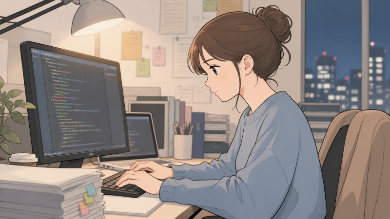 深夜のIT企業オフィスで、38歳の女性プログラマーがモニターに向かって集中してコードを書いている。残業続きの転職前の働き方と、ソフトウェア開発職で奮闘する姿を描いたアニメ調イラスト。