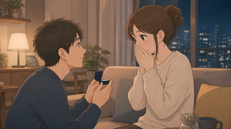 長年交際した恋人から結婚を持ちかけられ、女性が驚きと喜びで口元を押さえるプロポーズの瞬間。転職のきっかけとなった結婚への決意と、将来が変わり始める場面を描いたアニメ調イラスト。