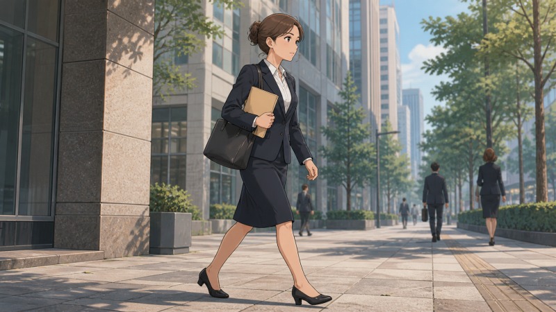オフィス街をリクルートスーツ姿の女性が書類を抱えて足早に歩いている。誰にも相談せず一人で転職活動を続ける未経験転職中の主人公が、面接へ向かう緊張感と前向きな決意を抱く場面を描いたアニメ調イラスト。