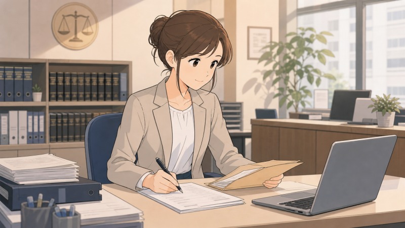 法律事務所の明るいオフィスで、未経験から事務職に転職した女性が書類を確認しながら丁寧に業務を進めている。ワークライフバランスを重視した職場で、新しいキャリアに前向きに取り組む姿を描いたアニメ調イラスト。