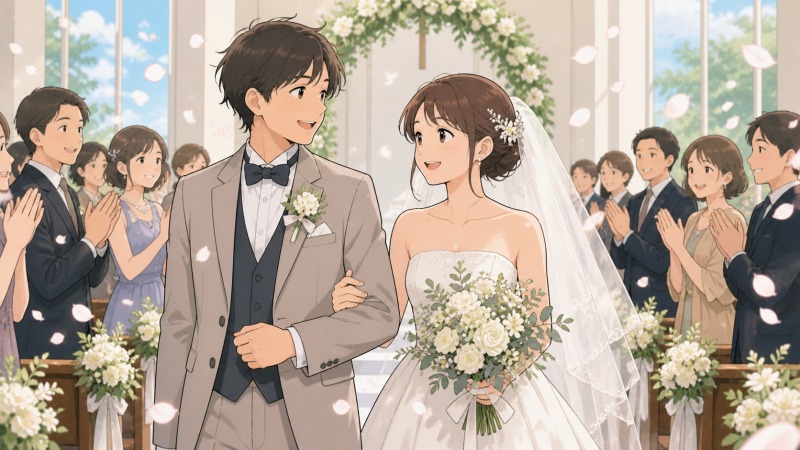 転職をきっかけに生活を整えた女性が、長年交際していた恋人と結婚式を挙げ、明るいチャペルで祝福を受けながら笑顔で歩いている。仕事と結婚の両立へ踏み出す人生の転機を描いたアニメ調イラスト。
