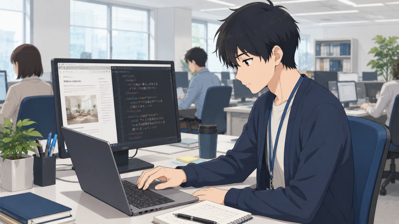 オフィス勤務のWebライターとして働く、目が細く内気そうな青年の転職体験談のワンシーン。明るいオープンオフィスで、記事作成画面とHTMLコーディング画面を開いたモニターに向かい、同僚に囲まれながら集中して新しい仕事に取り組む様子。