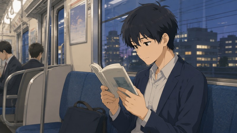 帰宅中の夜の電車内で、目が細く内気そうな青年が座席に座り、小説を読みながら口元にわずかな笑みを浮かべている転職体験談のワンシーン。Webライターとして働く日々の帰り道に、物語への憧れと小説家を目指す気持ちを静かに取り戻している様子。