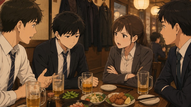 印刷会社に入社したばかりの内気そうな青年が、同期3人との居酒屋で忙しい営業職への愚痴をこぼし、女性の同期から真剣な表情で会社への思いを返されて言葉を失っている場面。残業続きの社会人生活への不満と、転職を考えるきっかけになる気まずい沈黙を描いたイラスト。