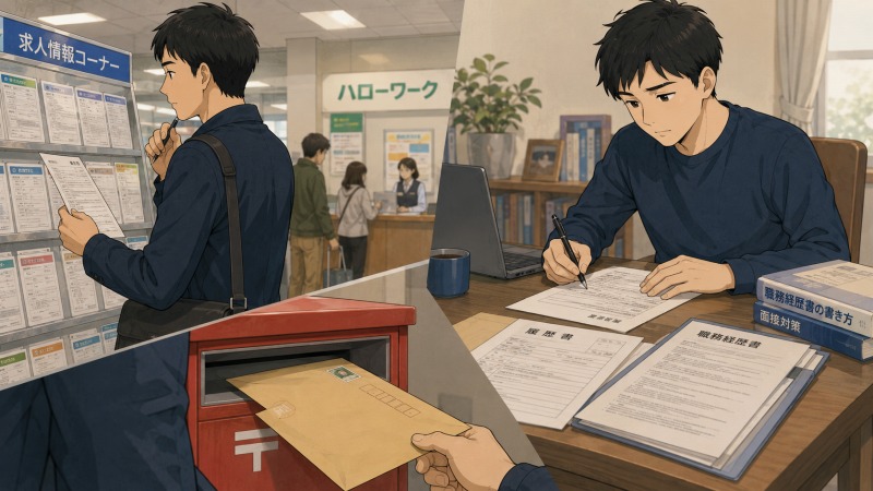 40代の男性がハローワークで求人情報を確認し、自宅で履歴書と職務経歴書を作成して応募書類を送付する、退職後の焦りと不安を抱えた転職活動の様子を描いたイラスト。