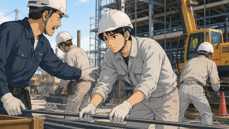 建設資材メーカーに営業職として転職した男性が、慣れない建設現場でヘルメットと作業着を身につけ、現場研修として力作業に取り組む一方、厳しい先輩作業員から指示を受けている転職後の試練を描いたイラスト。