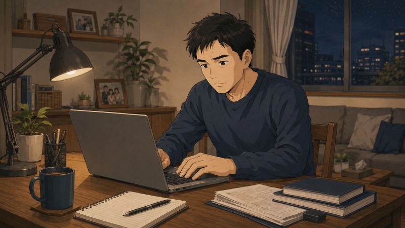 夜の自宅リビングで、転職後の男性が家族写真を背にノートパソコンを開き、副業のWebライティング業務に集中している。将来の独立や収入アップを目指し、仕事後に一つ一つ実績を積み上げる40代営業職の姿を描いたイラスト。