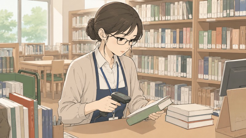 眼鏡をかけた真面目そうな30代女性の図書館司書が、穏やかな日差しの入る図書館カウンターで本を確認しているイラスト。本に囲まれた職場で、几帳面に仕事へ向き合う姿から、転職前に「本に関わる仕事」を天職と感じていた様子が伝わる。