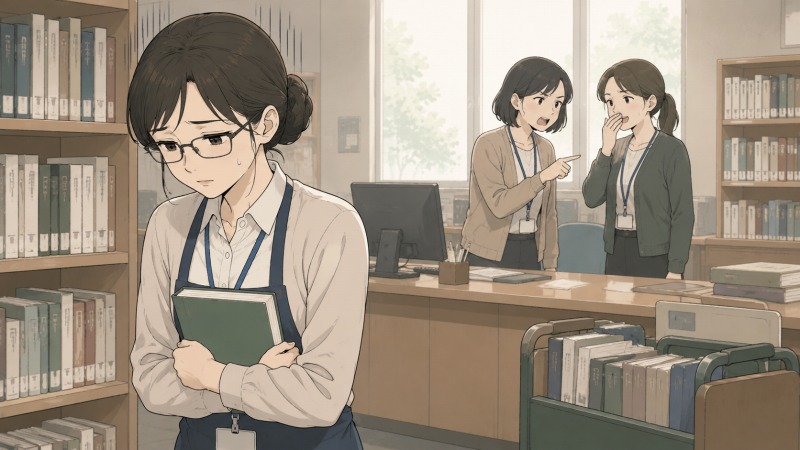 図書館の職場で、眼鏡をかけた真面目そうな女性司書が本を抱えてうつむき、背後では同僚が陰口を言うように指を差しているイラスト。転職理由となった職場いじめや言葉の暴力による孤立、不安やストレスを表現している。