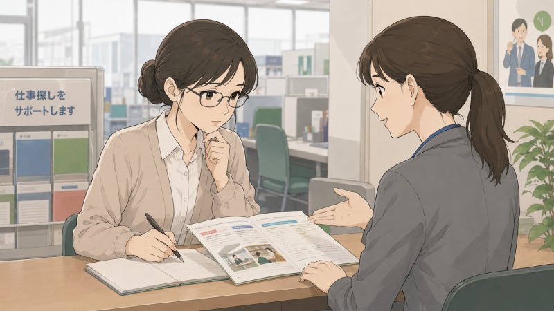ハローワークの相談窓口で、眼鏡をかけた真面目そうな30代女性が職員に転職相談をしているイラスト。職場いじめで苦しんだ後も「本に関わる仕事がしたい」という希望を持ち、求人資料を見ながら新しい職場を探す転職活動中の場面を表している。