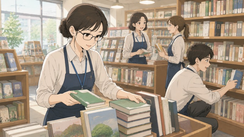 温かな光が入る書店で、眼鏡をかけた真面目そうな女性書店員が穏やかな笑顔で本を並べ、周囲の同僚たちも和やかに働いているイラスト。職場いじめを経験した後の転職先で、人間関係に恵まれ、本に囲まれながら安心して働く様子を表している。