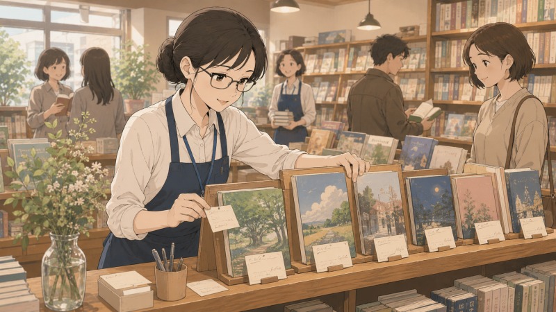 温かな雰囲気の書店で、眼鏡をかけた真面目そうな女性書店員が、本の紹介コーナーにおすすめカードを丁寧に添えているイラスト。転職後に本に関わる仕事を続け、お客さんへ本を紹介するやりがいと前向きな気持ちを表している。