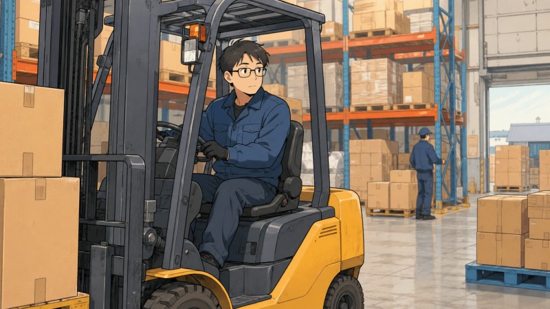 物流会社の広い倉庫で、ショートカットの気弱そうな40代男性が青い作業着を着てフォークリフトを操作し、棚に積まれた段ボールやパレットに囲まれながら12年間続けたフォークリフトオペレーターの仕事に黙々と取り組んでいるイラスト。