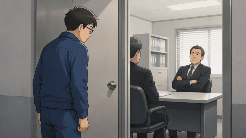 物流会社の別室前で、青い作業着を着たショートカットの気弱そうな40代男性が不安そうに立ち尽くし、室内では上司と役員が厳しい表情で退職勧告を伝えようとしている、職場での呼び出しと退職を迫られる緊張感を描いたイラスト。