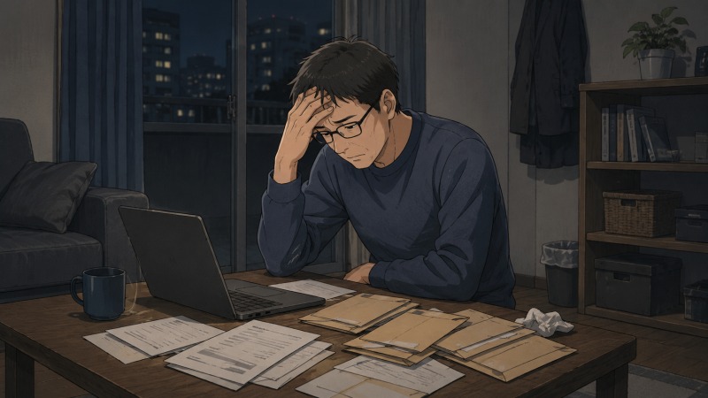 Alt文:夜の自宅で、転職活動の書類や封筒が散らばるテーブルの前に座り、ノートパソコンを開いたショートカットの男性が額に手を当ててうつむき、前職を退職してから1年たっても次の職が決まらず途方に暮れているイラスト。