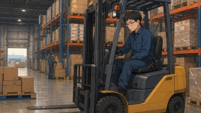 物流倉庫で、青い作業着を着たショートカットの男性がフォークリフトに座り、前職と同じフォークリフト作業員として再出発したものの、不満と迷いを抱えた表情で荷物の並ぶ倉庫内を見つめているイラスト。