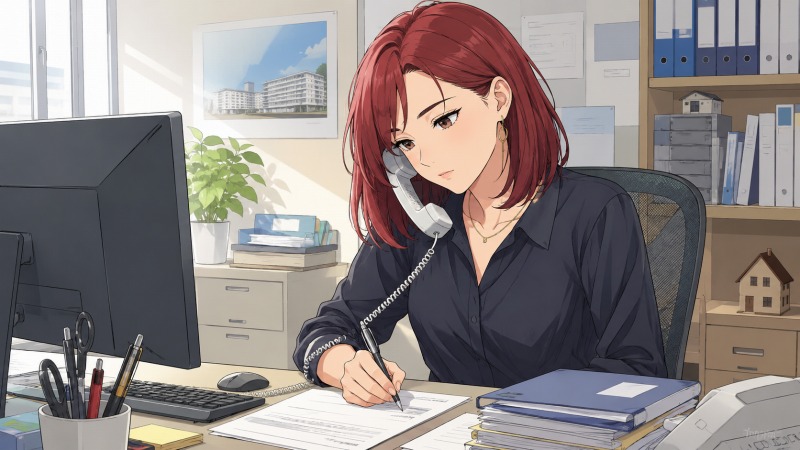 赤髪の長めボブの女性が、不動産会社の事務職として電話対応をしながら契約書類を作成している様子。デスクにはPCや書類ファイルが並び、物件写真や模型が置かれたオフィスで、真剣な表情で業務に集中している。30代女性の転職前の不動産事務経験を表現したイラスト。
