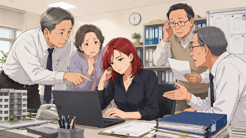 赤髪の長めボブの35歳女性が、不動産会社の事務職として働く中、年配の社員たちにPCやネットの質問を次々にされてストレスを感じている場面。困惑する同僚に囲まれ、ノートパソコン前で疲れた表情を浮かべている転職前のオフィス風景。