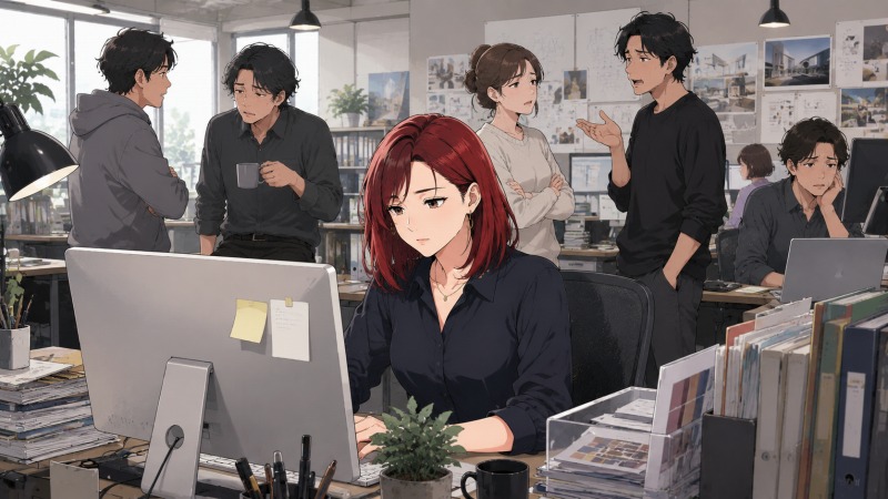 赤髪の長めボブの35歳女性が、転職後に入社したデザイン事務所で契約社員として働き始めた場面。周囲では若い社員たちが愚痴をこぼし合い、本人はPC前で不安そうに作業している。転職後の職場環境への戸惑いを表すイラスト。