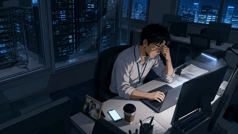深夜のオフィスで、40代の男性サーバーエンジニアが疲れ切った表情でパソコン作業を続けている。周囲は無人で、ガラス越しにはサーバーラックと夜景が広がる。机には冷めたコーヒーと結婚写真が置かれ、仕事中心の生活によって家庭を顧みられなくなっていた当時の状況を描いたイラスト。