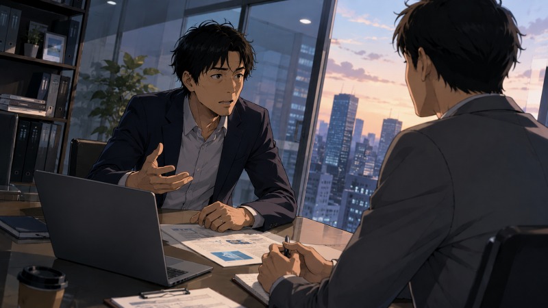夕暮れのオフィスで、40代男性エンジニアが転職エージェントに向かって真剣に希望条件を相談している。テーブルにはネットワーク構成図や資料が並び、ワークライフバランスを重視してネットワークエンジニアへの転職を目指す様子が描かれている。ITエンジニアのキャリアチェンジと働き方改善をテーマにしたイラスト。