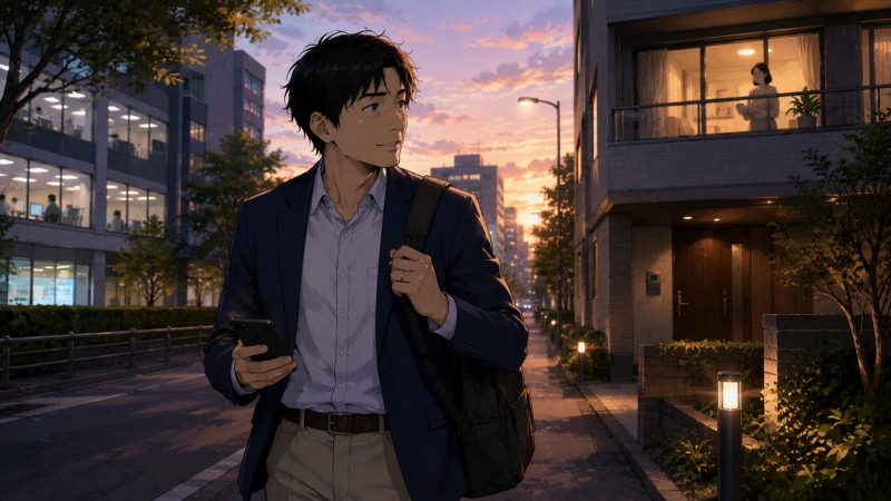 夕焼けの街を歩く40代男性ネットワークエンジニアが、穏やかな表情でスマートフォンを見ながら帰宅している。背景には明かりのついた自宅マンションと妻の姿が見え、残業の少ない職場へ転職したことで、家庭で過ごす時間と夫婦の会話を取り戻した日常を描いたイラスト。