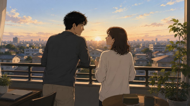 朝焼けのベランダで、40代男性エンジニアと妻が住宅街を眺めながら穏やかに会話している。室内には閉じたノートパソコンとコーヒーが置かれ、仕事に追われる生活から、人間らしい働き方と家族との時間を大切にできる環境へ変化した現在の暮らしを表現したイラスト。