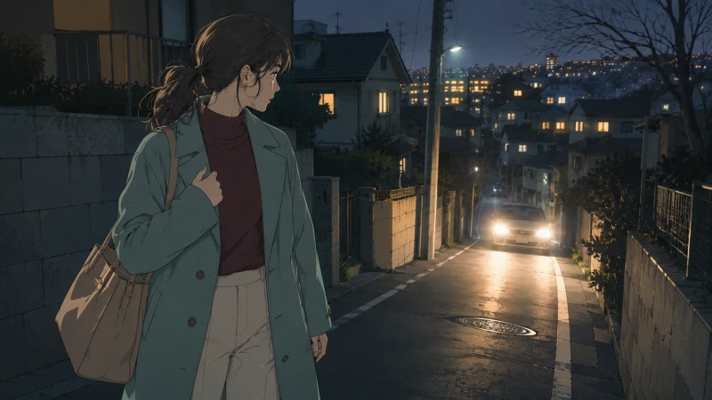 派遣先の閉鎖通達を受けた40代女性が、夜の住宅街で家族の迎えの車を振り返る場面。通勤負担や両親への申し訳なさから、在宅ワークを決意する転機を表している。
