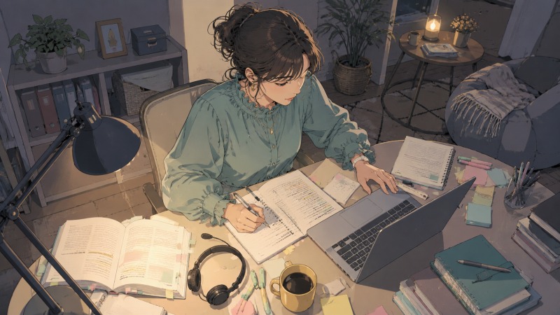 在宅コール業務で個人事業主になるため、資格試験の勉強に励む40代女性。教材やノート、パソコンに囲まれ、未経験の働き方へ挑戦する姿を描いている。