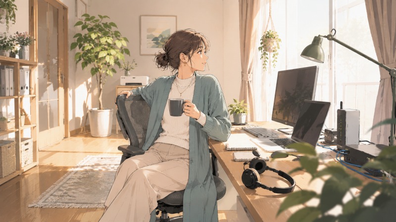 自宅に通信環境を整え、在宅コール業務を始める40代女性個人事業主。新しいパソコンやヘッドセットのある明るい仕事部屋で、理想の働き方への一歩を踏み出す場面。