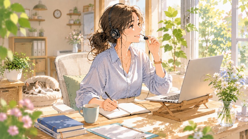 自宅でカスタマーサポート業務を行う40代女性個人事業主。明るい窓辺の在宅ワークスペースで穏やかに働き、家族との時間と仕事を両立するワークライフバランスを表している。