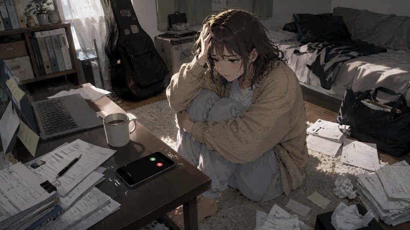 人材紹介会社で長時間労働とパワハラに苦しむ26歳女性が、休日の自宅で営業用携帯の着信に怯えながら床に座り込むシーン。散らかった仕事書類やノートPC、部屋の隅に置かれたギターケースが、仕事に追い詰められ趣味の時間まで失っていた転職前の精神状態を表している。