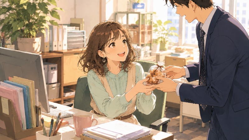 アットホームな不動産会社へ転職した26歳女性が、明るいオフィスの事務デスクで営業社員から差し入れのお菓子を受け取り笑顔を見せるシーン。観葉植物や柔らかな自然光に囲まれた職場環境から、前職とは対照的な安心感のある働き方と、人間関係に恵まれた転職後の日常が伝わる。