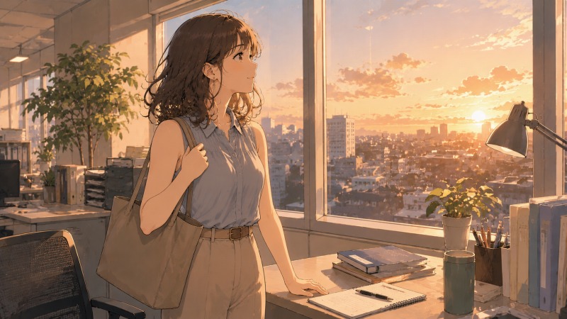不動産会社へ転職して定時退勤できる生活を取り戻した26歳女性が、夕焼けの見えるオフィスで宅建の勉強ノートを前に将来を見つめるシーン。ノースリーブ姿でリラックスした表情を見せながら窓辺に立つ様子から、心身の余裕を取り戻し、新たな資格取得と理想の働き方を目指す前向きな変化が伝わる。