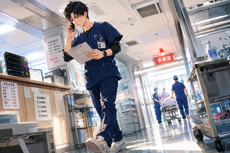 29歳男性看護師が深夜の外科病棟を歩きながらPHSで連絡を取り、カルテを確認しているイラスト。青白い照明の病院内には緊急手術室の赤いランプが光り、床スレスレのローアングル構図が、外科病棟で働く看護師の日常と緊張感、忙しさをリアルに表現している。